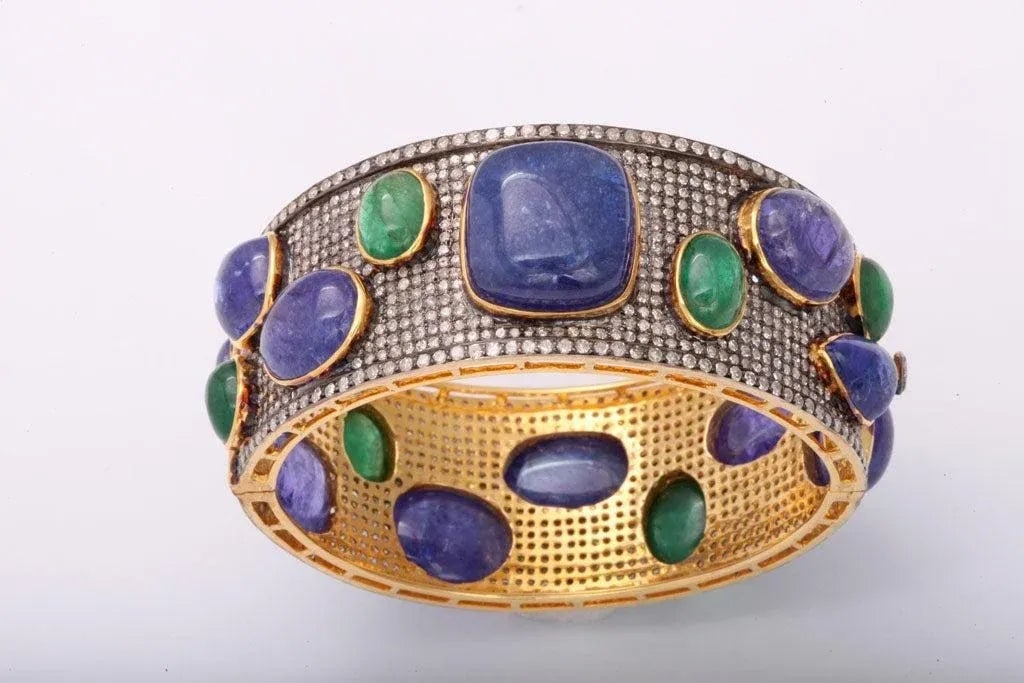 Bold Pave Diamond Bangle with Cabochon Tanzanites and Emeralds - 2