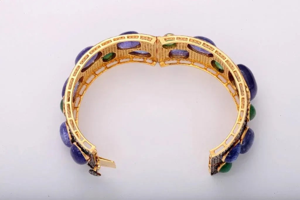 Bold Pave Diamond Bangle with Cabochon Tanzanites and Emeralds - 3