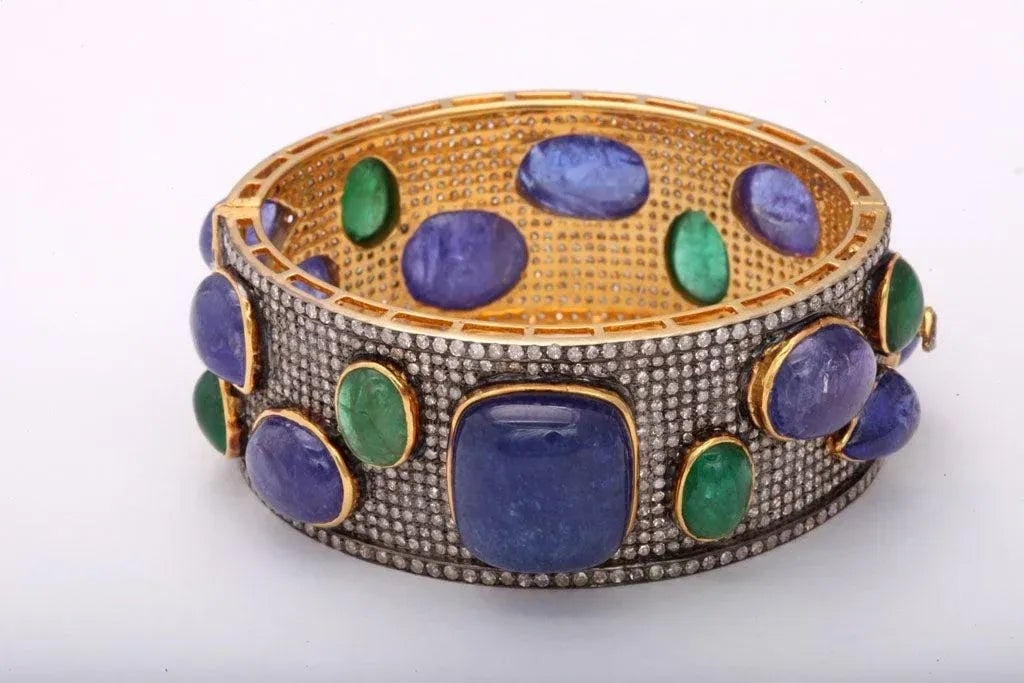 Bold Pave Diamond Bangle with Cabochon Tanzanites and Emeralds - 4