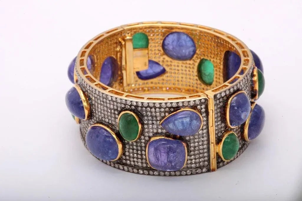 Bold Pave Diamond Bangle with Cabochon Tanzanites and Emeralds - 5
