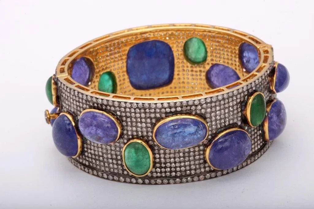 Bold Pave Diamond Bangle with Cabochon Tanzanites and Emeralds - 6