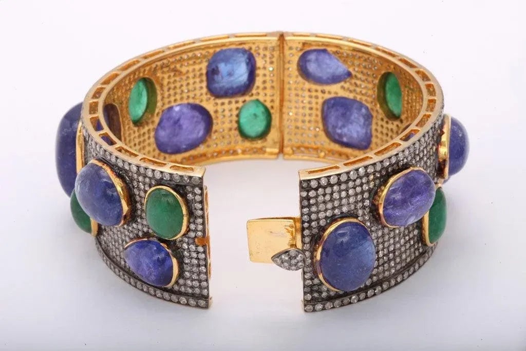 Bold Pave Diamond Bangle with Cabochon Tanzanites and Emeralds - 7
