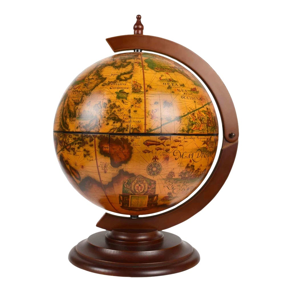 Late 20th Century Hand Crafted Italian World Globe Table Top Dry Bar: Stunning hand crafted Elegant large world globe table top with hidden dry bar and features an exclusive antique design sepia brown world map. It is beautifully crafted with exquisite details. It will 