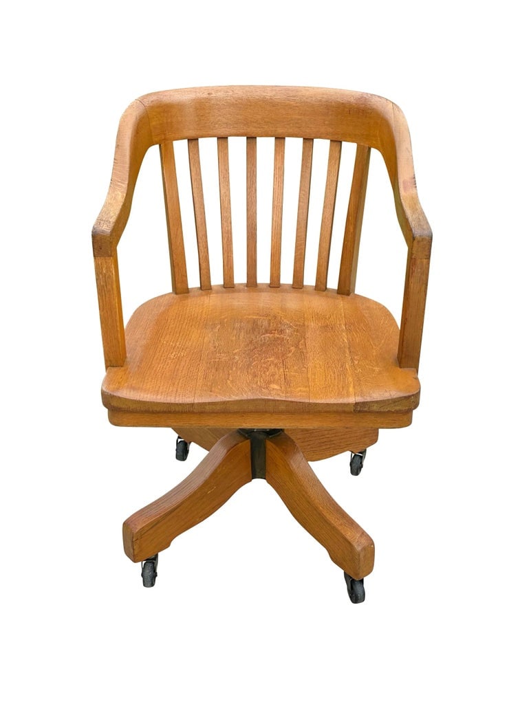 Late 19th Century Antique Victorian Oak Bank of England Arm Chair With Curved Seat & Caster Wheels - 2