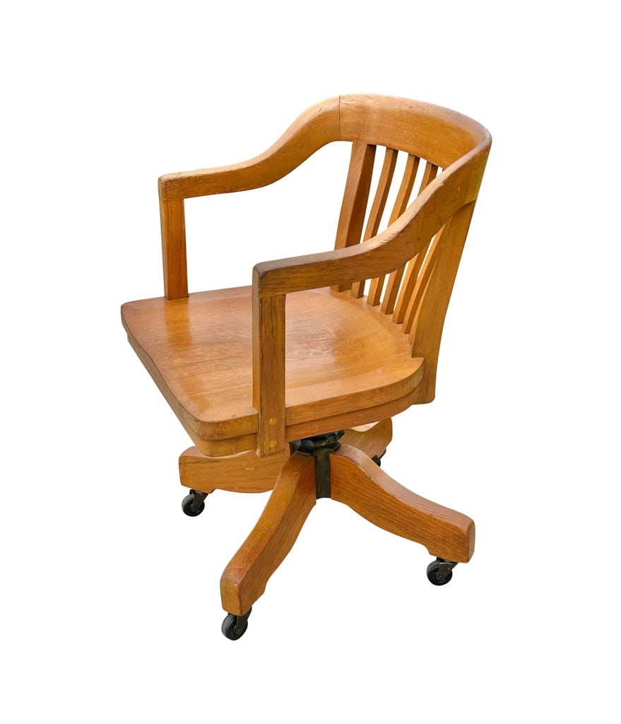 Late 19th Century Antique Victorian Oak Bank of England Arm Chair With Curved Seat & Caster Wheels - 3