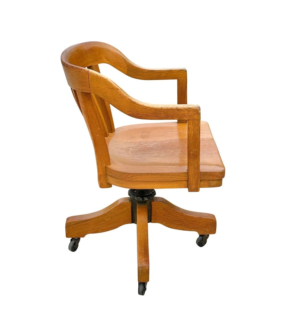 Late 19th Century Antique Victorian Oak Bank of England Arm Chair With Curved Seat & Caster Wheels - 4