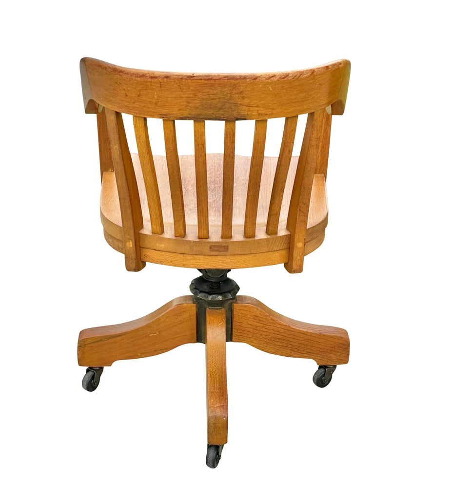 Late 19th Century Antique Victorian Oak Bank of England Arm Chair With Curved Seat & Caster Wheels - 5
