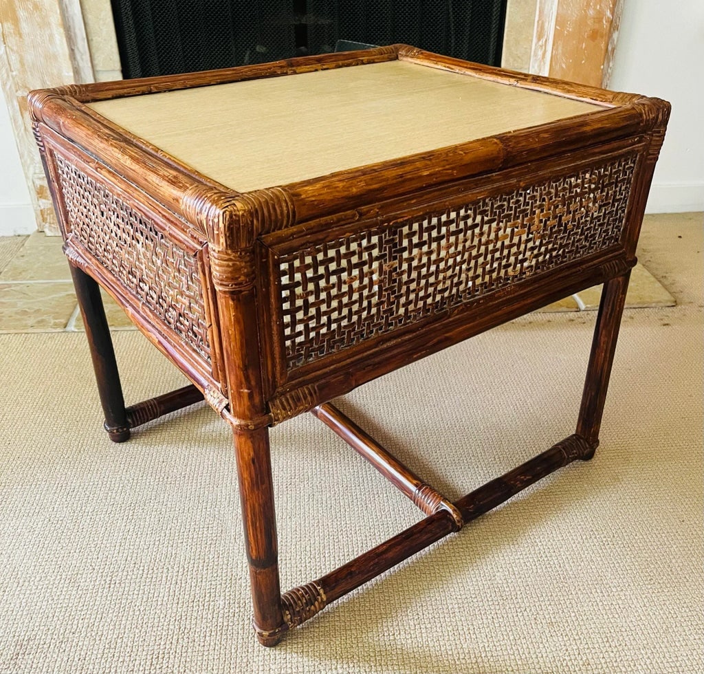 Mid Century Asian Side Table Bamboo With Cane - 13