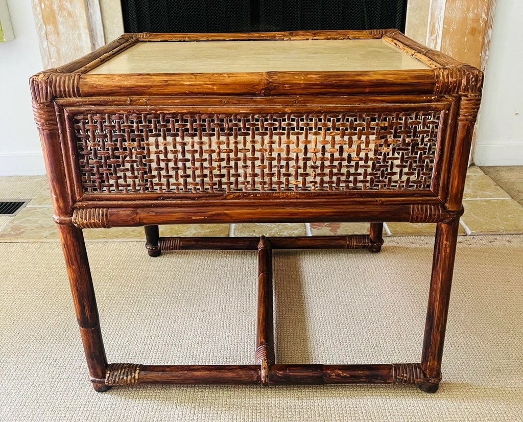 Mid Century Asian Side Table Bamboo With Cane - 2