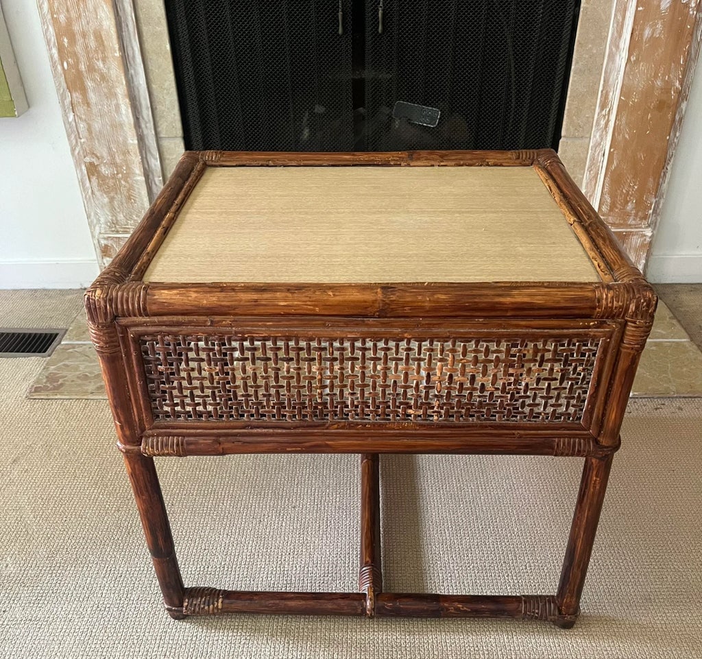 Mid Century Asian Side Table Bamboo With Cane - 3