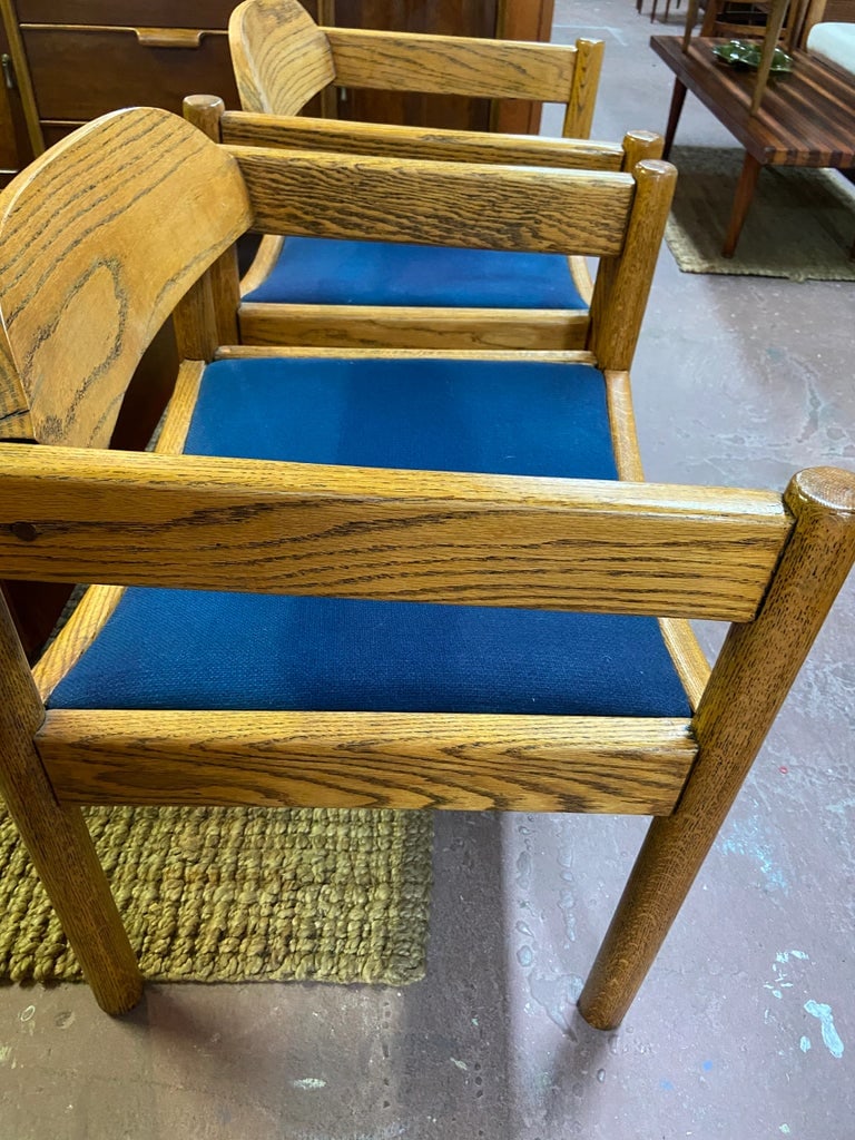 Thonet Blue Upholstery + Solid Oak Armchairs - A Pair - 2