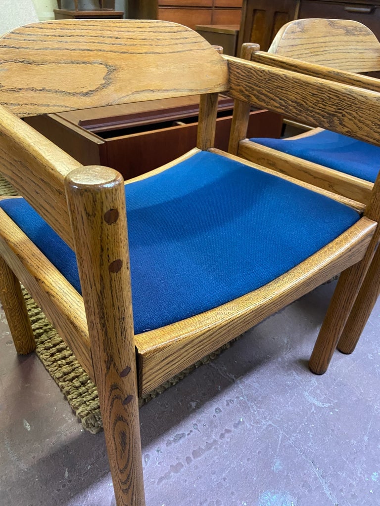 Thonet Blue Upholstery + Solid Oak Armchairs - A Pair - 3