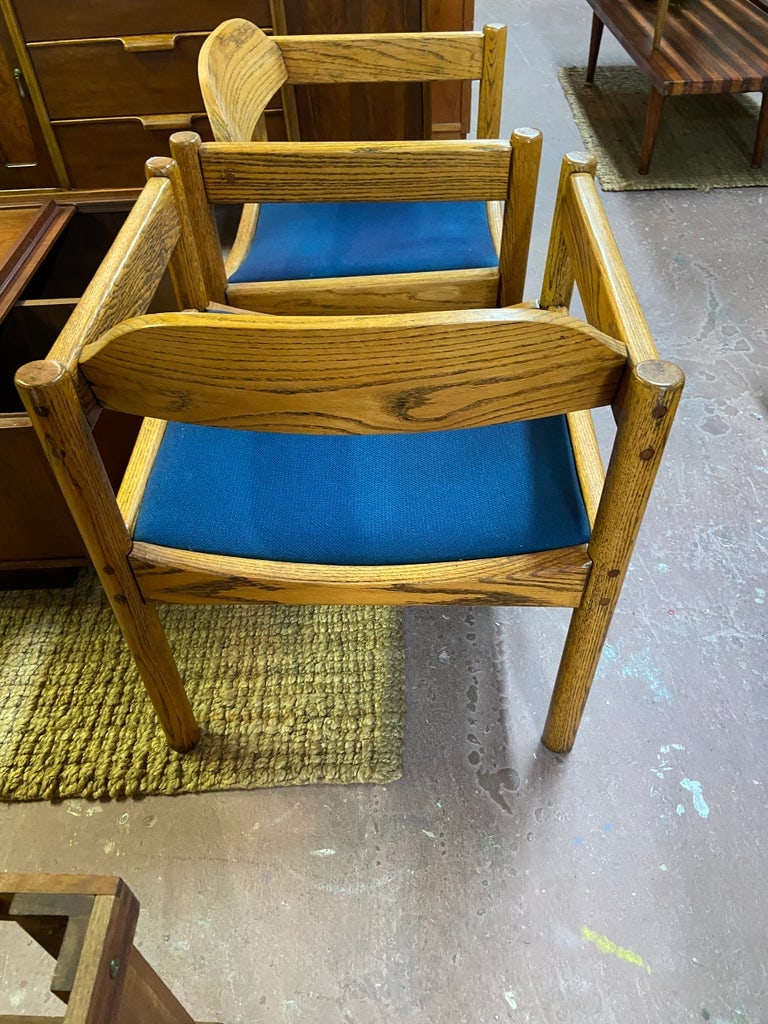 Thonet Blue Upholstery + Solid Oak Armchairs - A Pair - 6