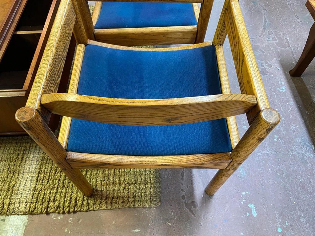 Thonet Blue Upholstery + Solid Oak Armchairs - A Pair - 7