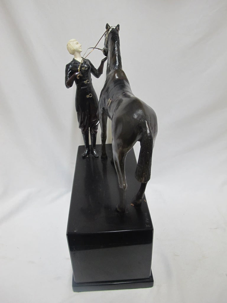 Signed Ferdinand Preiss Art Deco Bronze "Woman & Horse" Statue - 3