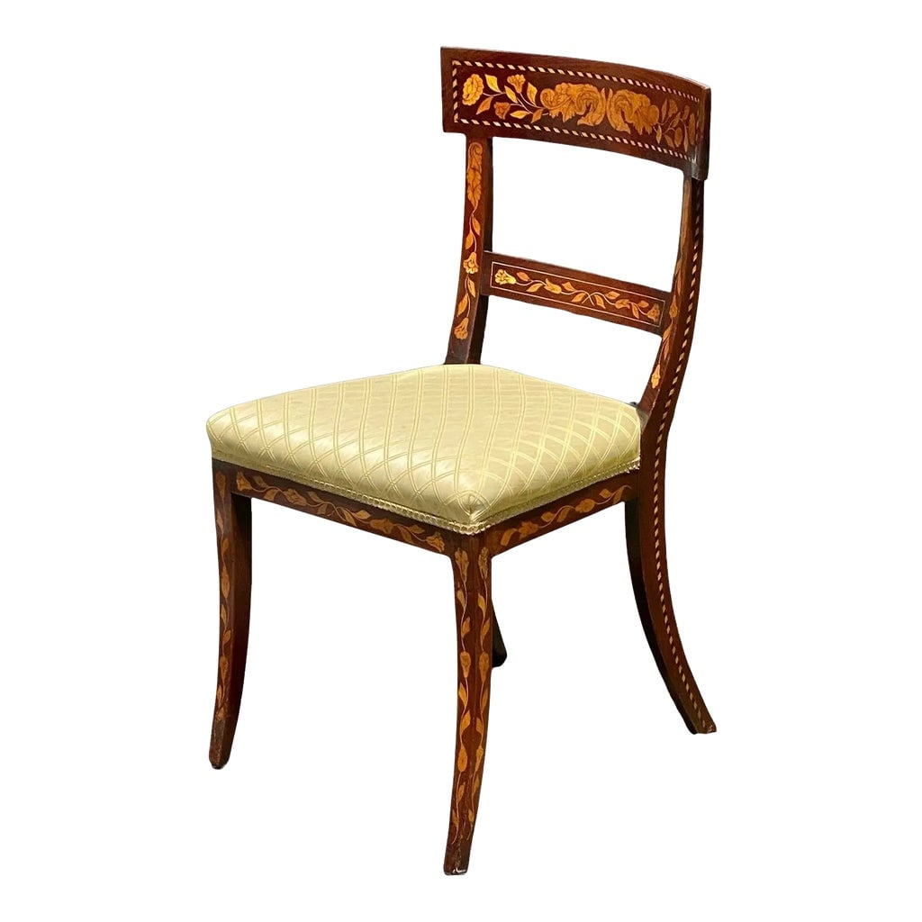 Antique Mahogany Side Chair With Floral Marquetry Inlay: Bay Colony Antiques is proud to offer for sale this wonderful 19th century antique Mahogany side chair with floral inlays. We purchased this from a local Western Massachusetts home, and it was owned