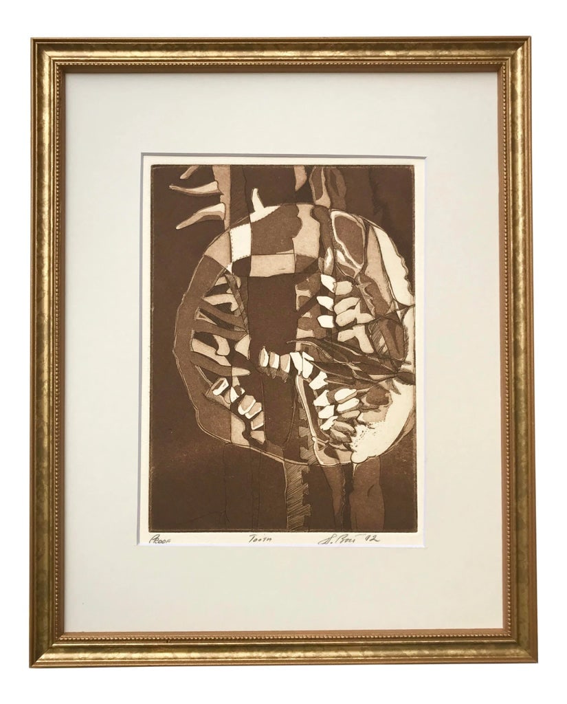 Vintage Modernist Abstract Etching by J Bond: Vintage Modernist Abstract Etching by J Bond. Presented matted and framed. Condition: Alterations: Original Condition Unaltered Imperfections: Some Imperfections Condition Notes: Excellent vintage con