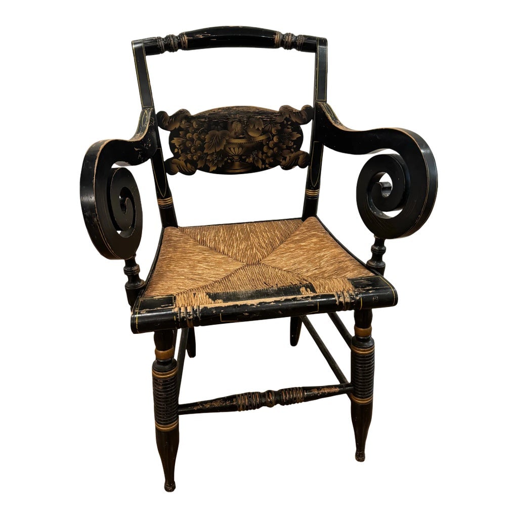 Vintage Hitchcock Arm Chair, Signed: Vintage Hitchcock Arm Chair Signed. Black side chair with original rush seat and gold stenciling. The chair is signed and sturdy for use. Condition: Alterations: Original Condition Unaltered