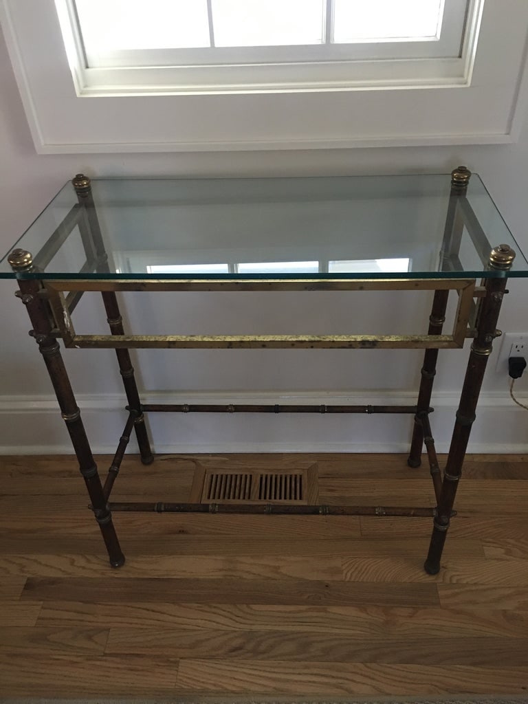 French Faux Bamboo and Brass Console Table With Glass Top - 2