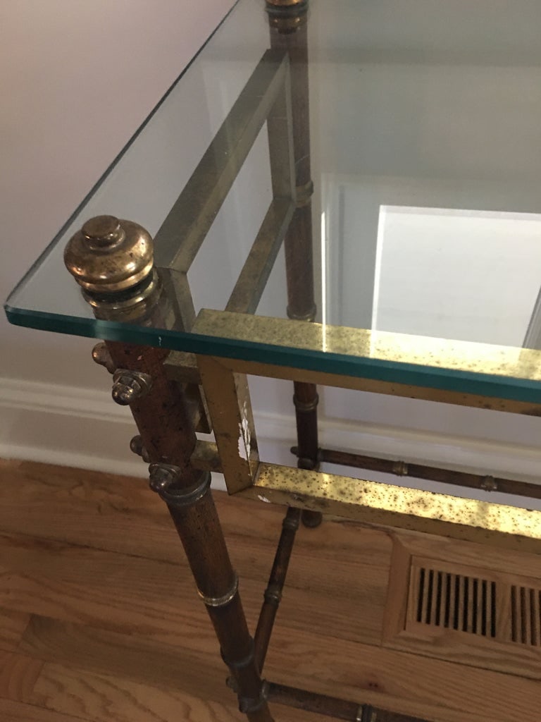 French Faux Bamboo and Brass Console Table With Glass Top - 7