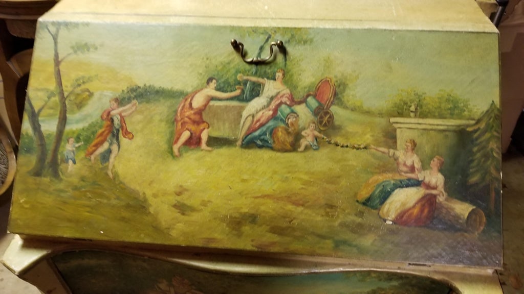 Victorian French Commode Scriban Writing Desk PAinting Couple - 2