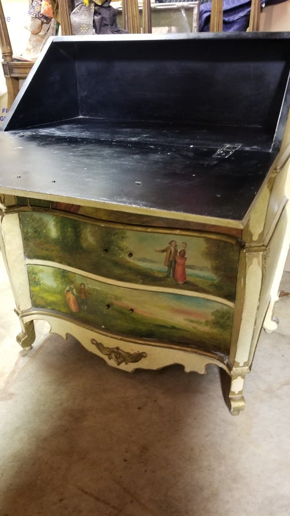 Victorian French Commode Scriban Writing Desk PAinting Couple - 3