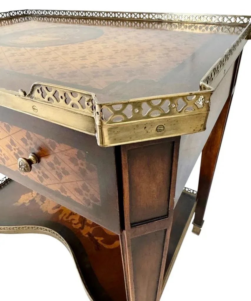 1990s French Louis XVI Style Marquetry Inlay Table With Brass Gallery - 2
