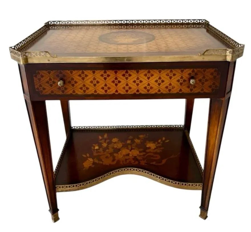 1990s French Louis XVI Style Marquetry Inlay Table With Brass Gallery - 7