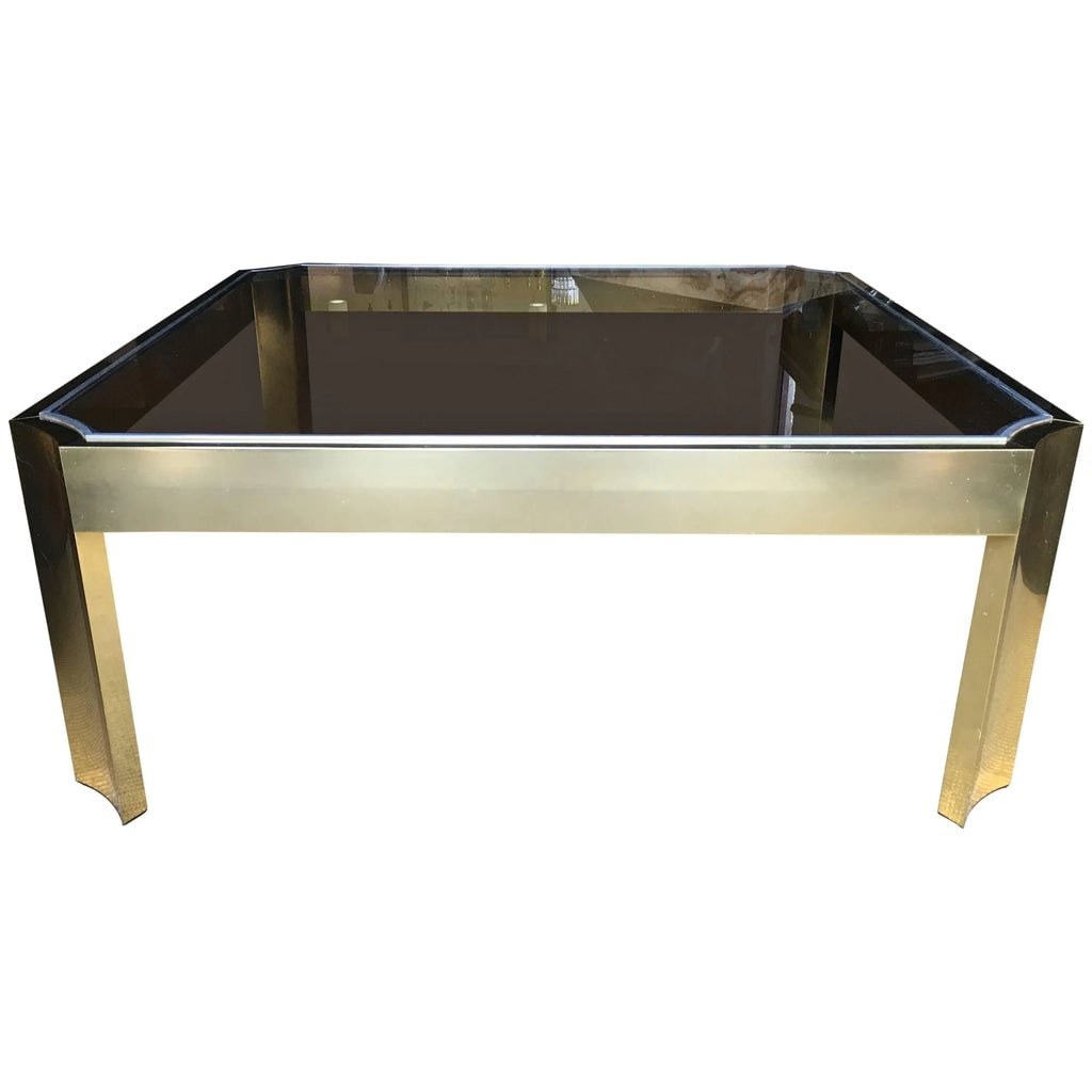 Mid-Century Modern Square Brass Cocktail Table With Smoked Glass - 7