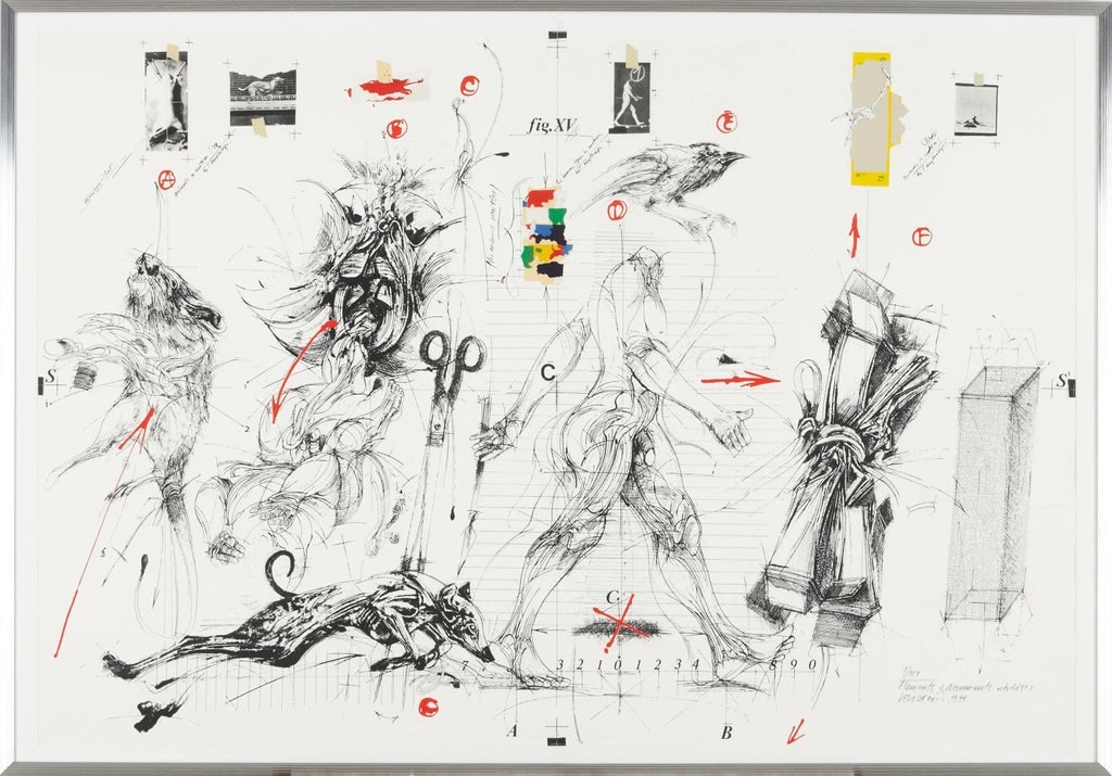 Large "Elements & Documents Utilises" Lithograph by Vladimir Velickovic, France: A Large Lithograph "Elements & Documents Utilises" by Vladimir Velickhovic (France). Signed and numbered 4/100 in pencil by artist. 1979. Framed in aluminium frame. The lithograph size 42.5" x 28.5".