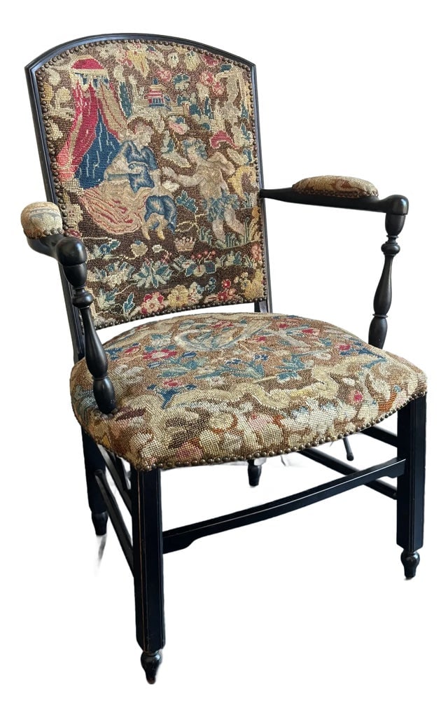 Antique Napoleon III Needlepoint Tapestry Ladies Fireside Chair: Antique Napoleon III, ebonized wood Ladies Fireside Chair with allegorical needle pointed and woven wool tapestry upholstery. This lovely, low-sitting chair, originally made to accommodate seated ladi