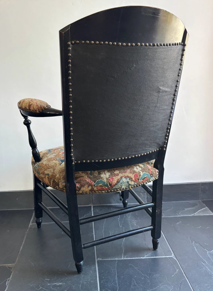 Antique Napoleon III Needlepoint Tapestry Ladies Fireside Chair - 4
