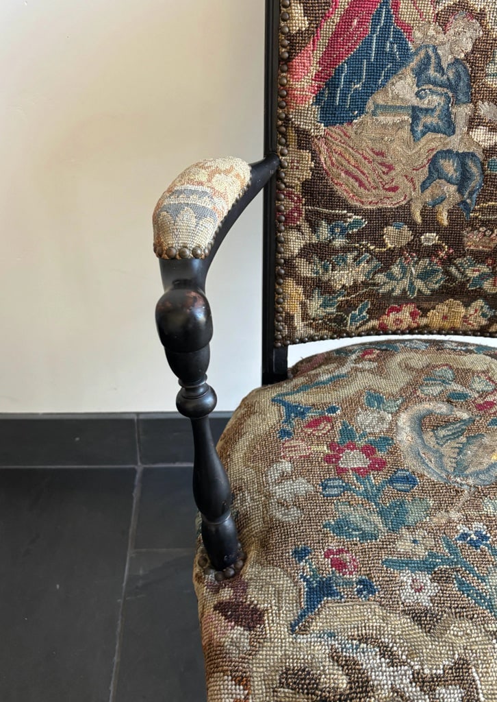 Antique Napoleon III Needlepoint Tapestry Ladies Fireside Chair - 7