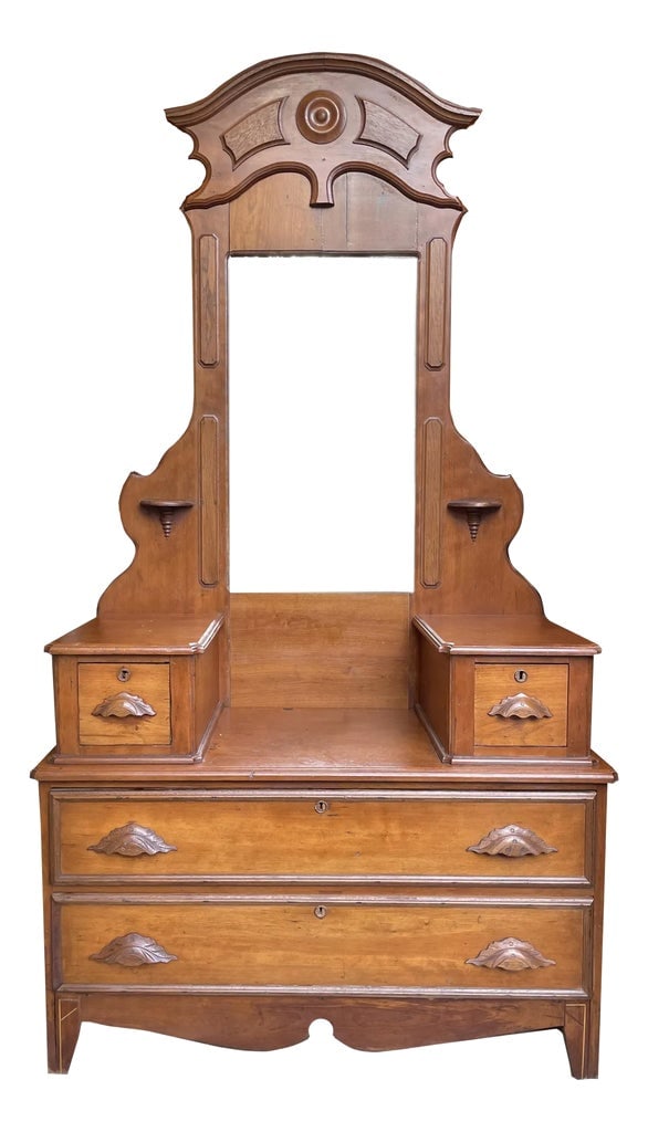 Late 1800s Renaissance Revival 4-Drawer Walnut Vanity Dresser: Late 1800s Renaissance Revival 4-drawer walnut vanity dresser. Love those candle stands on either side of the mirror! Original carved drawer pulls, dovetailed construction. Condition: Alterations: