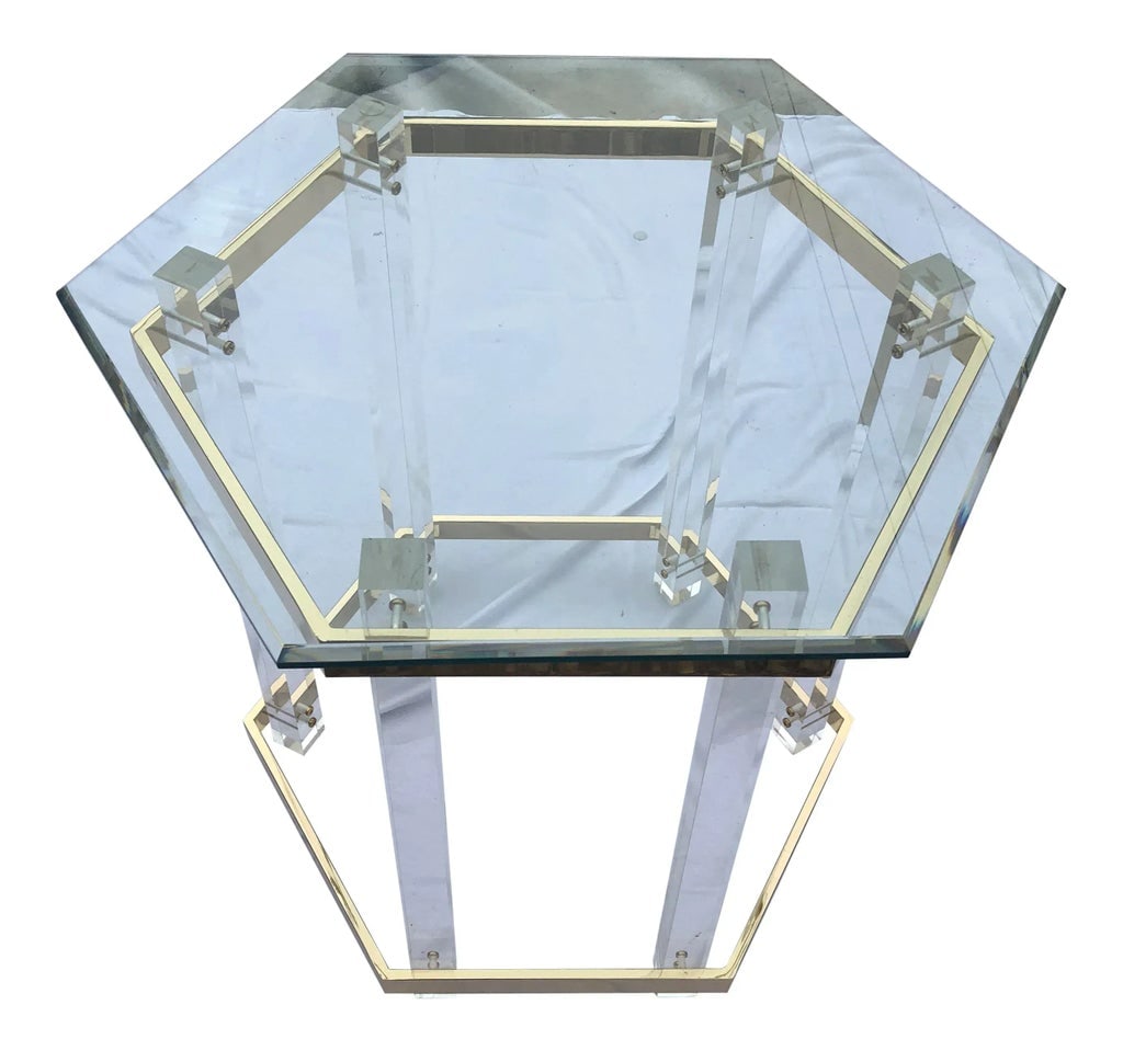Vintage Charles Hollis Lucite and Brass Hexagonal Side Table - 5