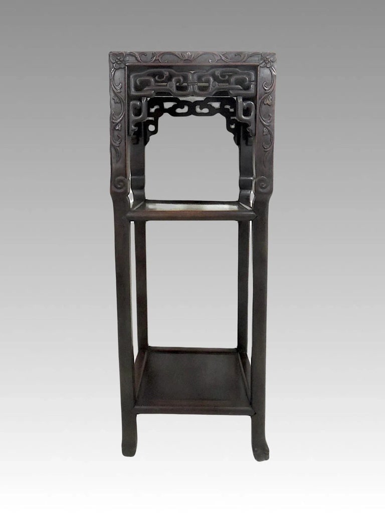 Antique Chinese Blackwood Plant Stand/Pedestal Side Table With Pink Beige Marble Top (Hongmu) Late Q - 2