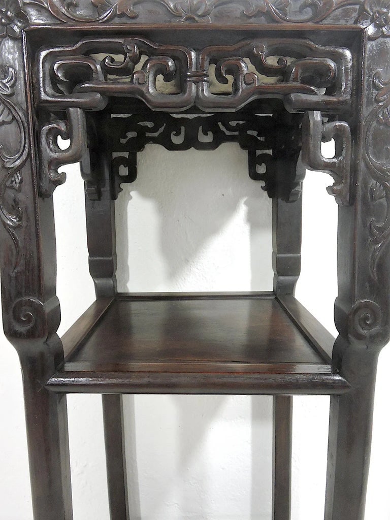 Antique Chinese Blackwood Plant Stand/Pedestal Side Table With Pink Beige Marble Top (Hongmu) Late Q - 5