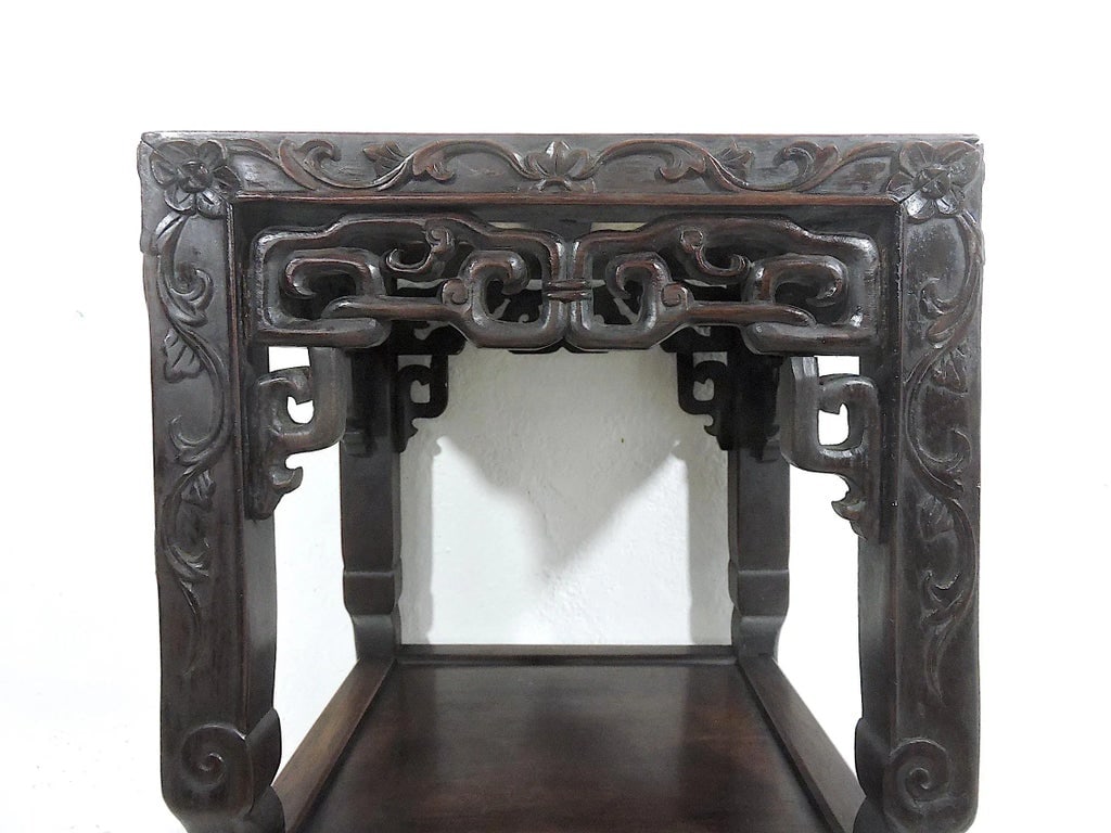 Antique Chinese Blackwood Plant Stand/Pedestal Side Table With Pink Beige Marble Top (Hongmu) Late Q - 6