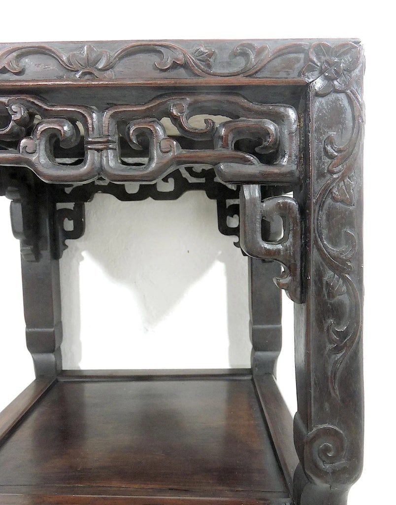 Antique Chinese Blackwood Plant Stand/Pedestal Side Table With Pink Beige Marble Top (Hongmu) Late Q - 7