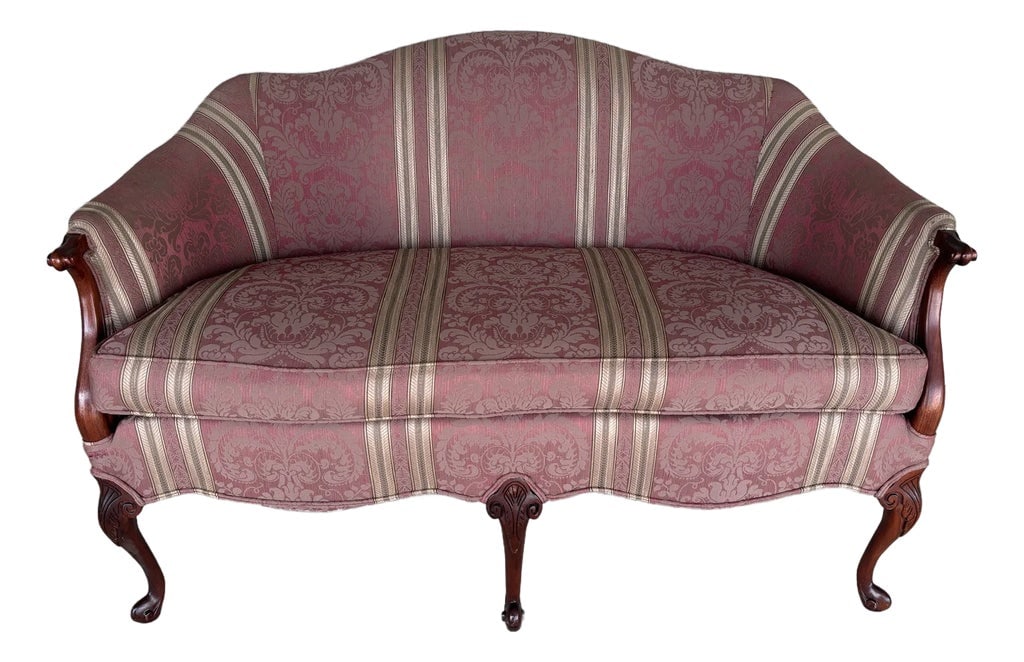 Statesville Chair Company Country French Damask Pattern Love Seat: Description: Statesville Chair Company French Country Damask Fabric 54" Settee. Damask Clean Original Fabric in Very Good Condition. Normal Age Wear, such as light fading in the color and light