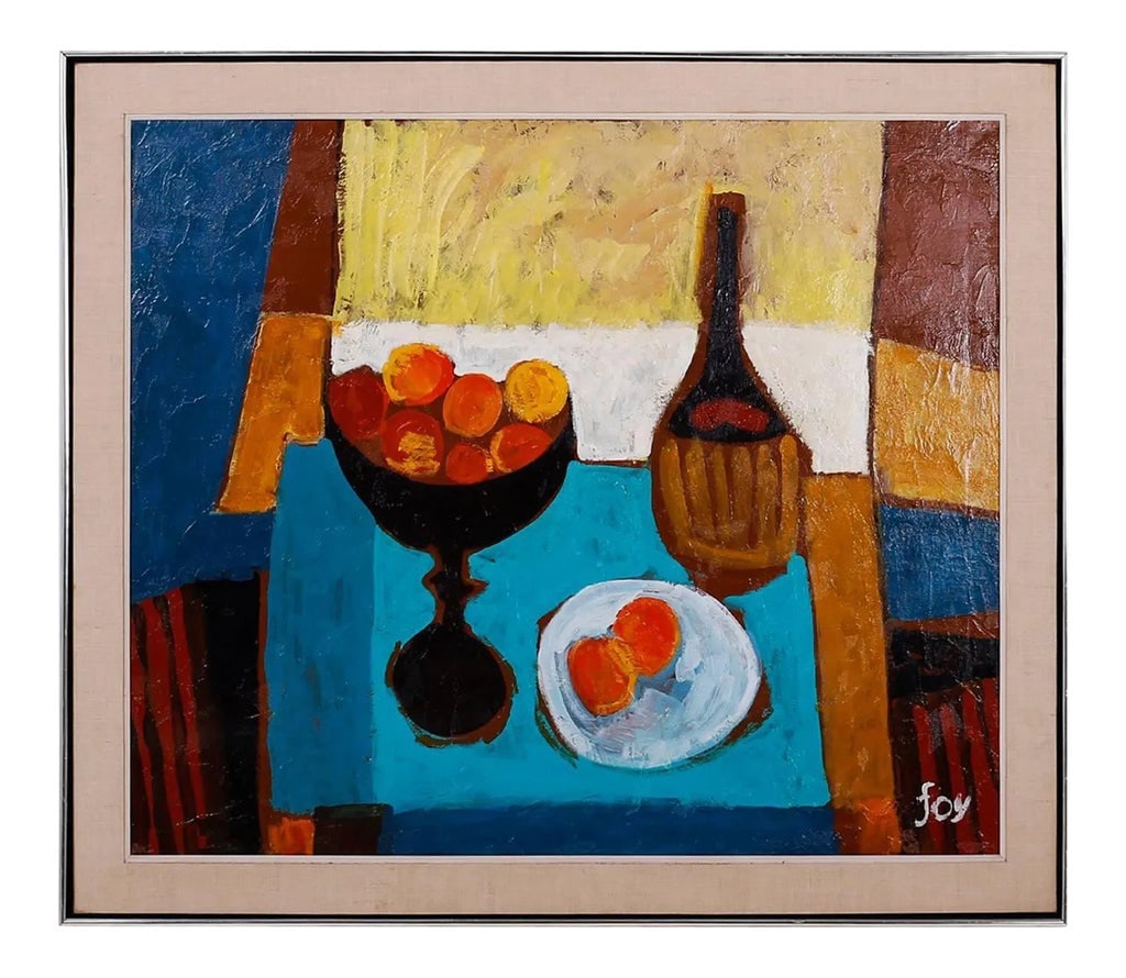 Mid-Century Modernist Still Life Oil Painting by David Fox: Mid-Century oil painting on canvas with an adept use of bold colors and a joyous spirit. The classic still life genre re-invented over century is well represented here as a modernist contribution.
