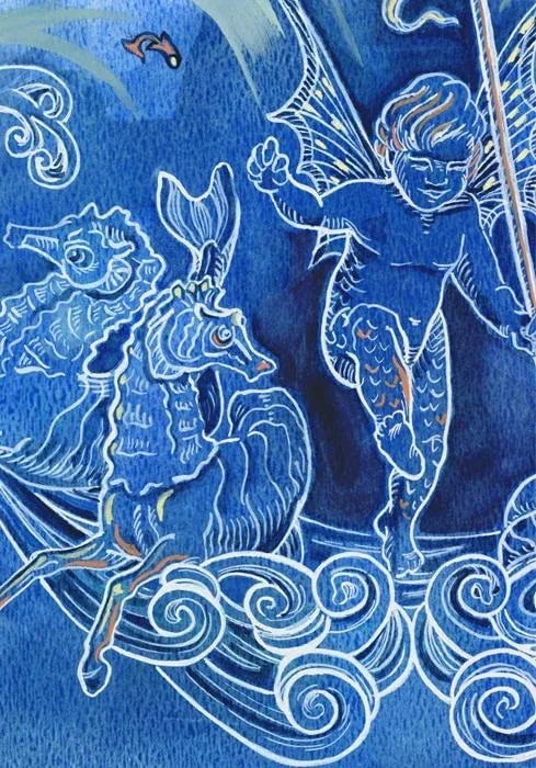 Blue and White, Sea Posse VI Cherub Original Watercolor Painting - 2