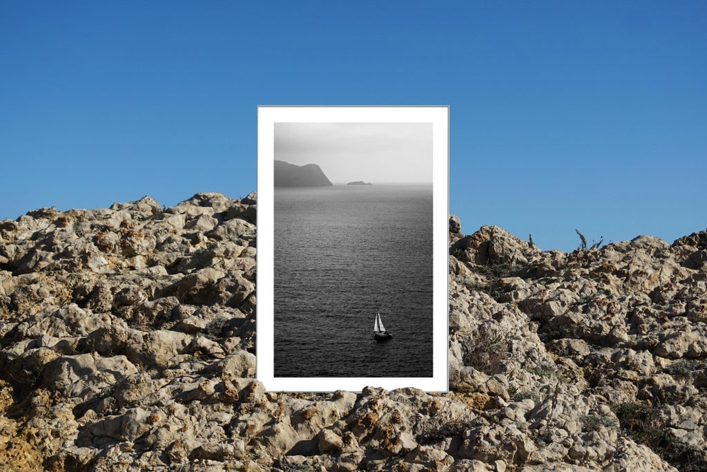 "Misty Sailboat Journey" Contemporary Nautical Seascape Black and White Giclee Print - 2