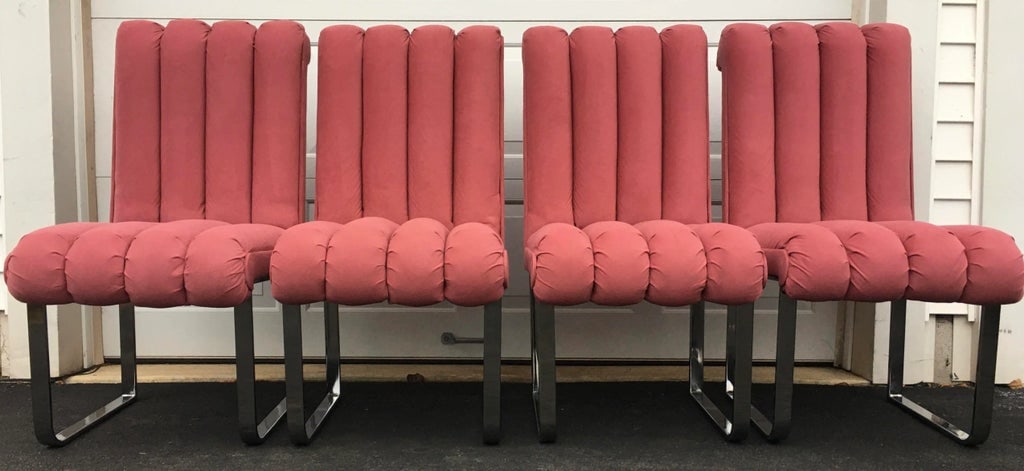 Modern Chrome and Pink Channel Back Dining Chairs, Design Institute America 1980 - 2