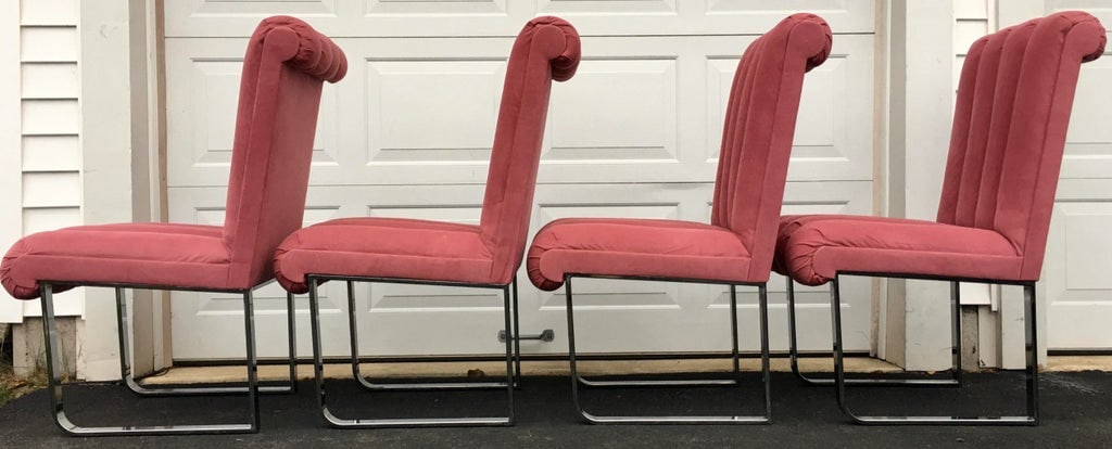 Modern Chrome and Pink Channel Back Dining Chairs, Design Institute America 1980 - 3