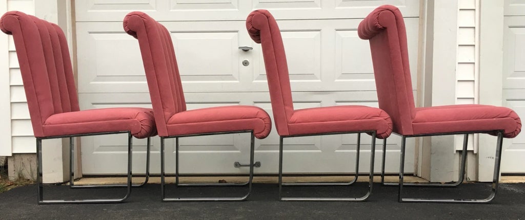 Modern Chrome and Pink Channel Back Dining Chairs, Design Institute America 1980 - 4