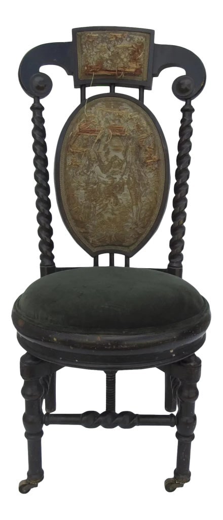 French Ebonized Piano Chair with Adjustable Seat: French ebonized piano chair with adjustable seat height. Original throughout. c 1870 Condition: Alterations: Original Condition Unaltered Imperfections: Some Imperfections Condition Notes: Original