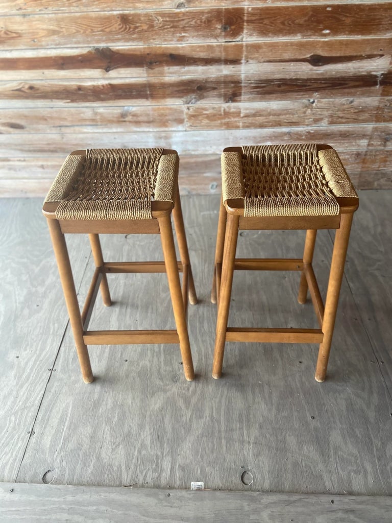 Pair of Jute Wrapped Backless Bar Stools | Mid Century Modern - 7