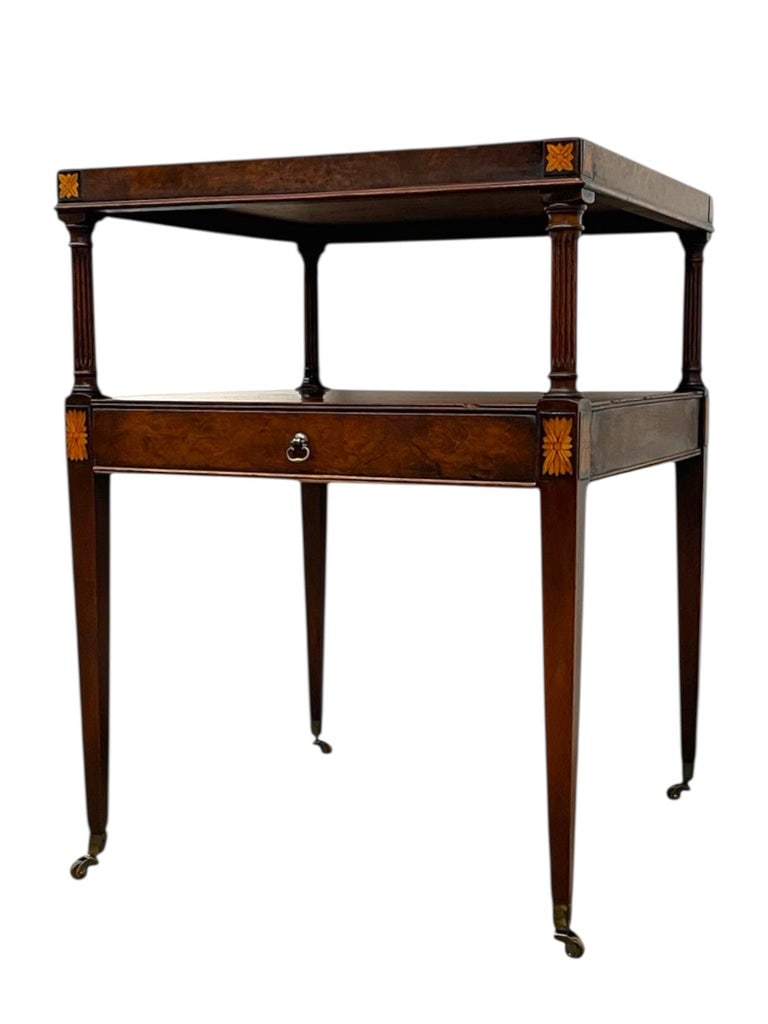 Vintage Iwo-Tier Side Table With Inlaid Top, Floral Marquetry Accents,and Brass-Toned Casters - 2