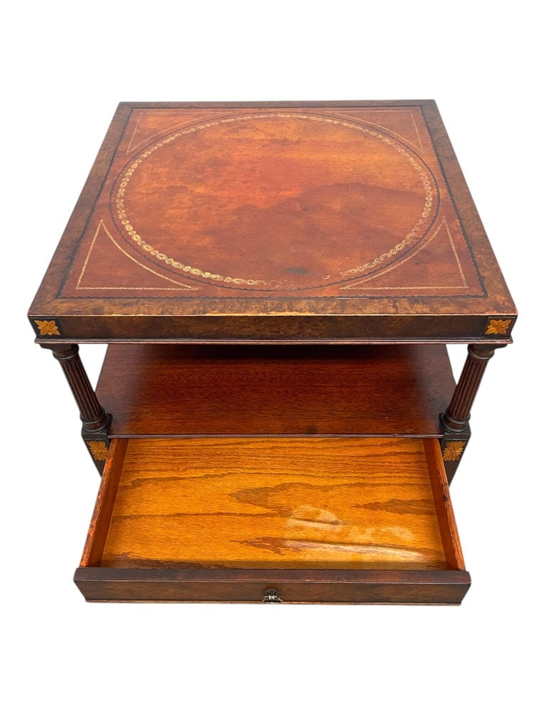 Vintage Iwo-Tier Side Table With Inlaid Top, Floral Marquetry Accents,and Brass-Toned Casters - 7